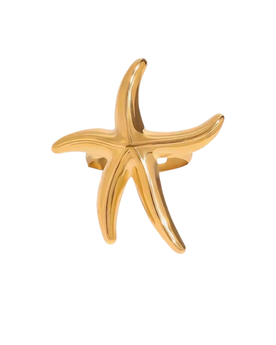 Gold starfish-shaped ring on a white background