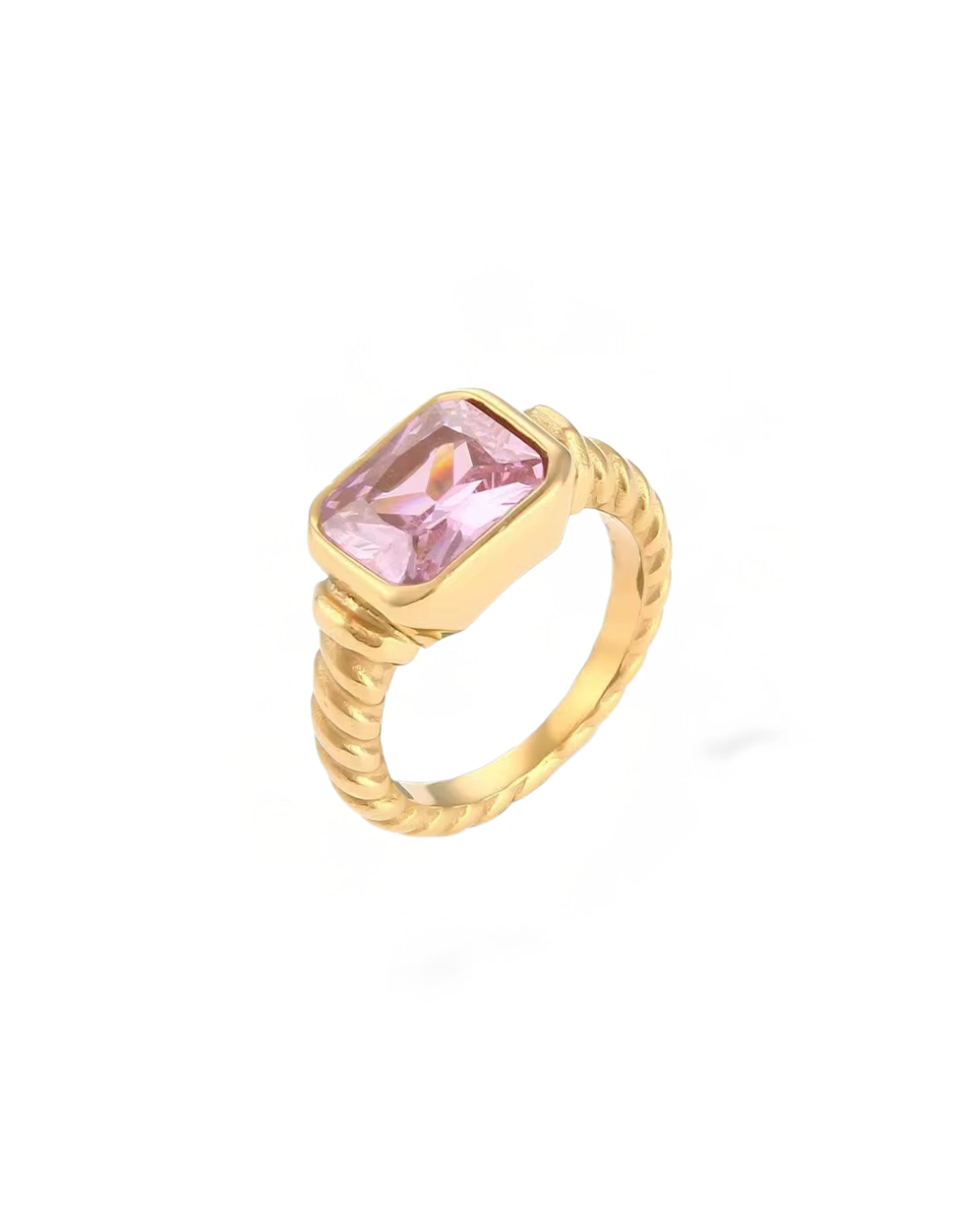 Gold ring with a pink gemstone on a white background