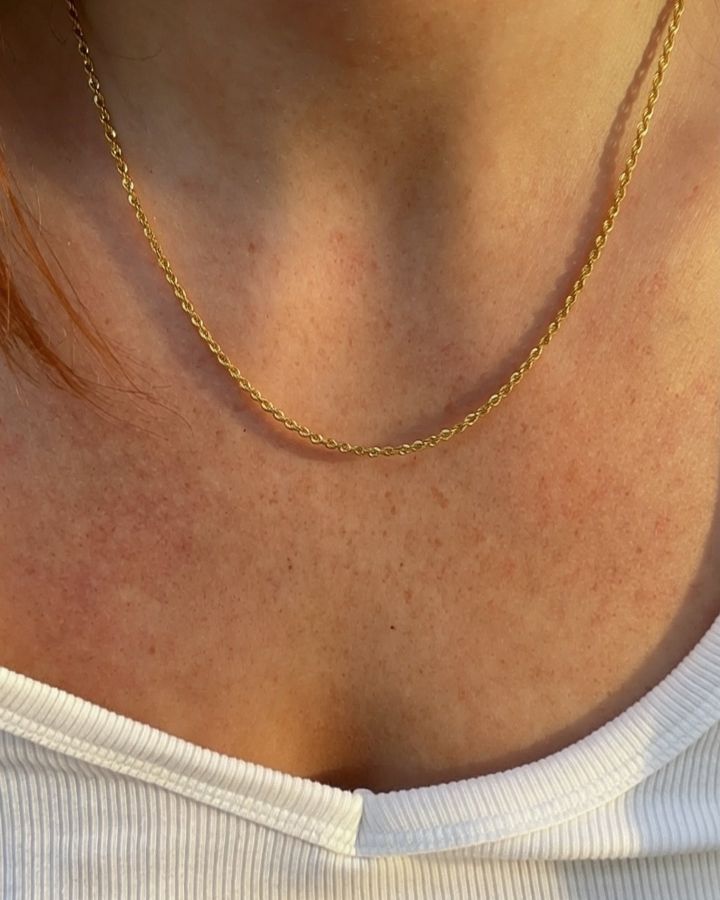 Close-up of a person wearing a gold necklace with a blurred background