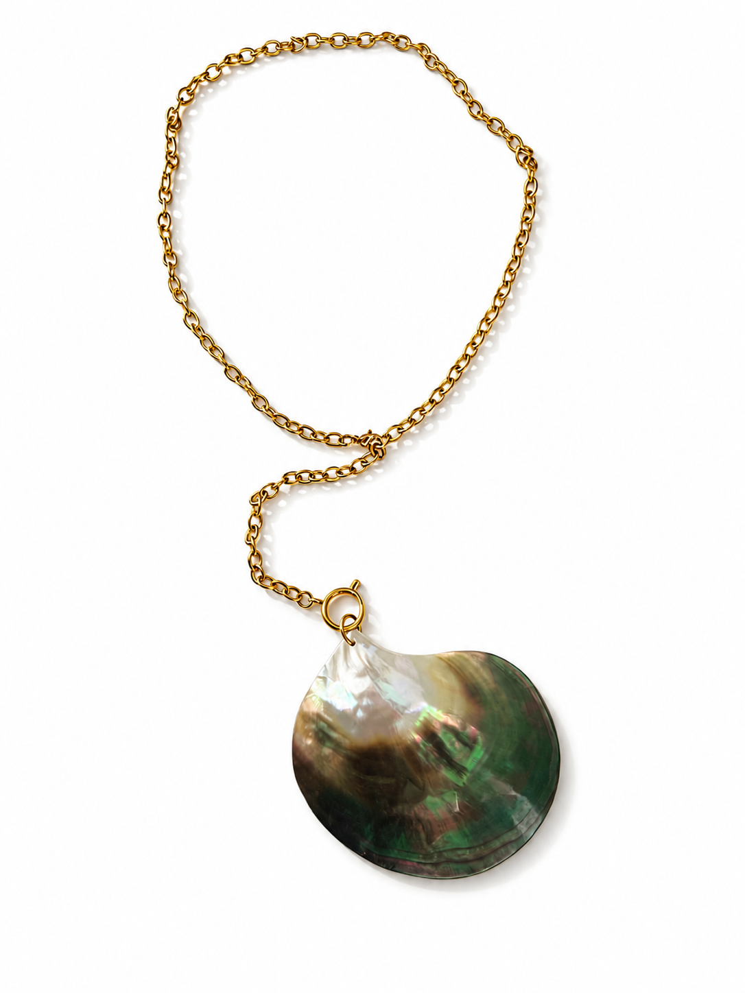 A gold chain necklace featuring a large, teardrop-shaped abalone shell pendant with iridescent green, brown, and gold tones, displayed on a clean white background.
