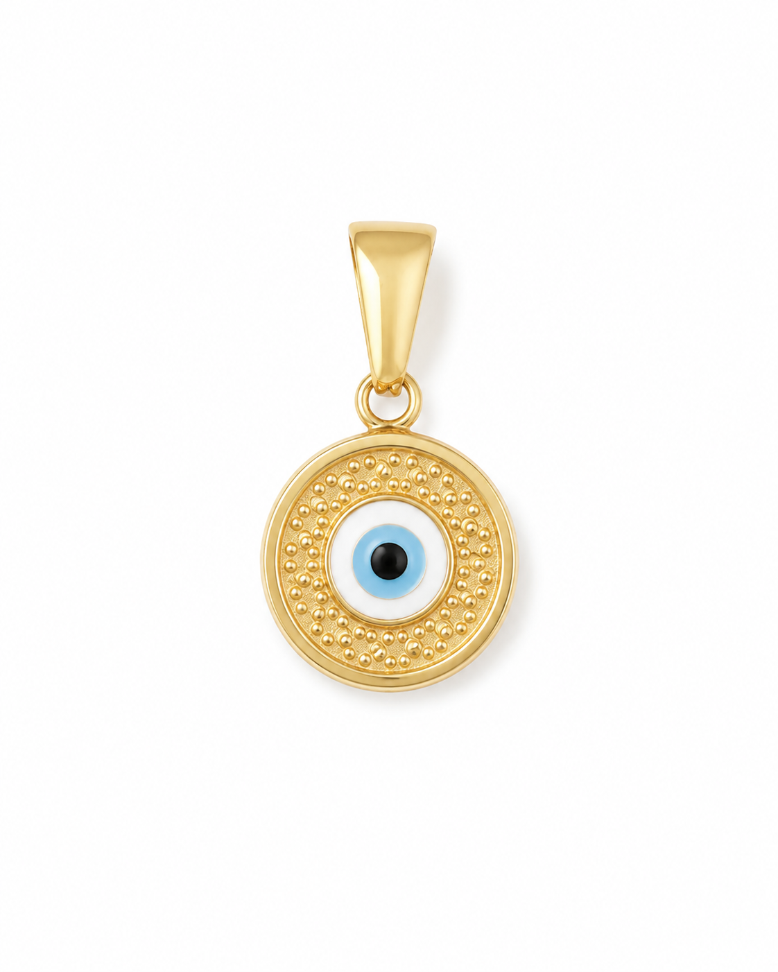 A gold circular pendant featuring an evil eye design with a light blue and white iris and a black pupil, set against a plain white background.