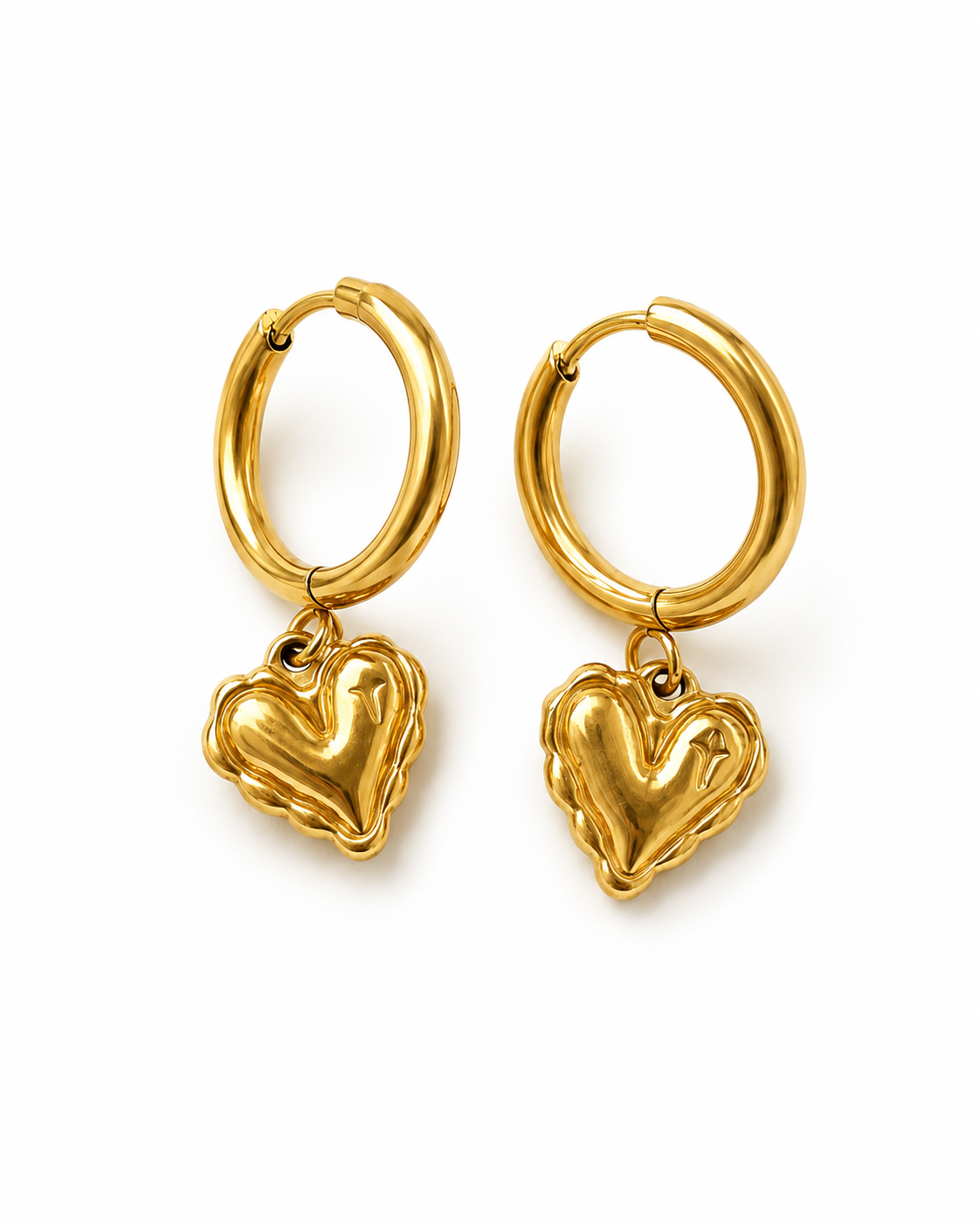 A pair of gold hoop earrings with dangling textured heart charms, shown on a clean white background.