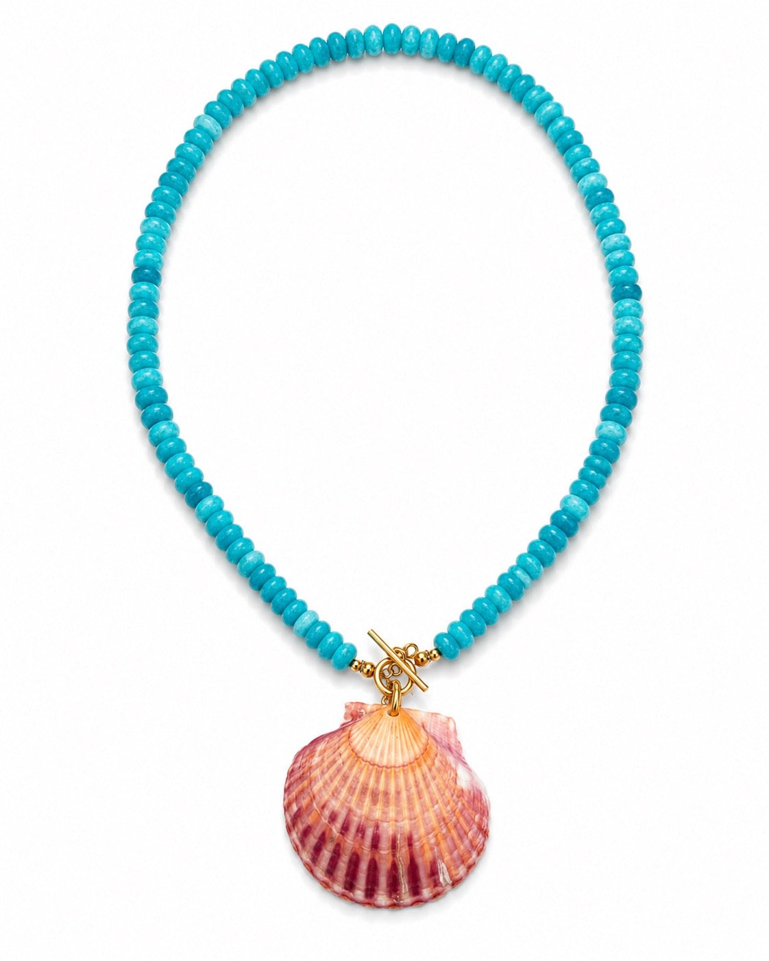 A turquoise beaded necklace with a scallop shell pendant and a gold toggle clasp, shown on a plain white background.