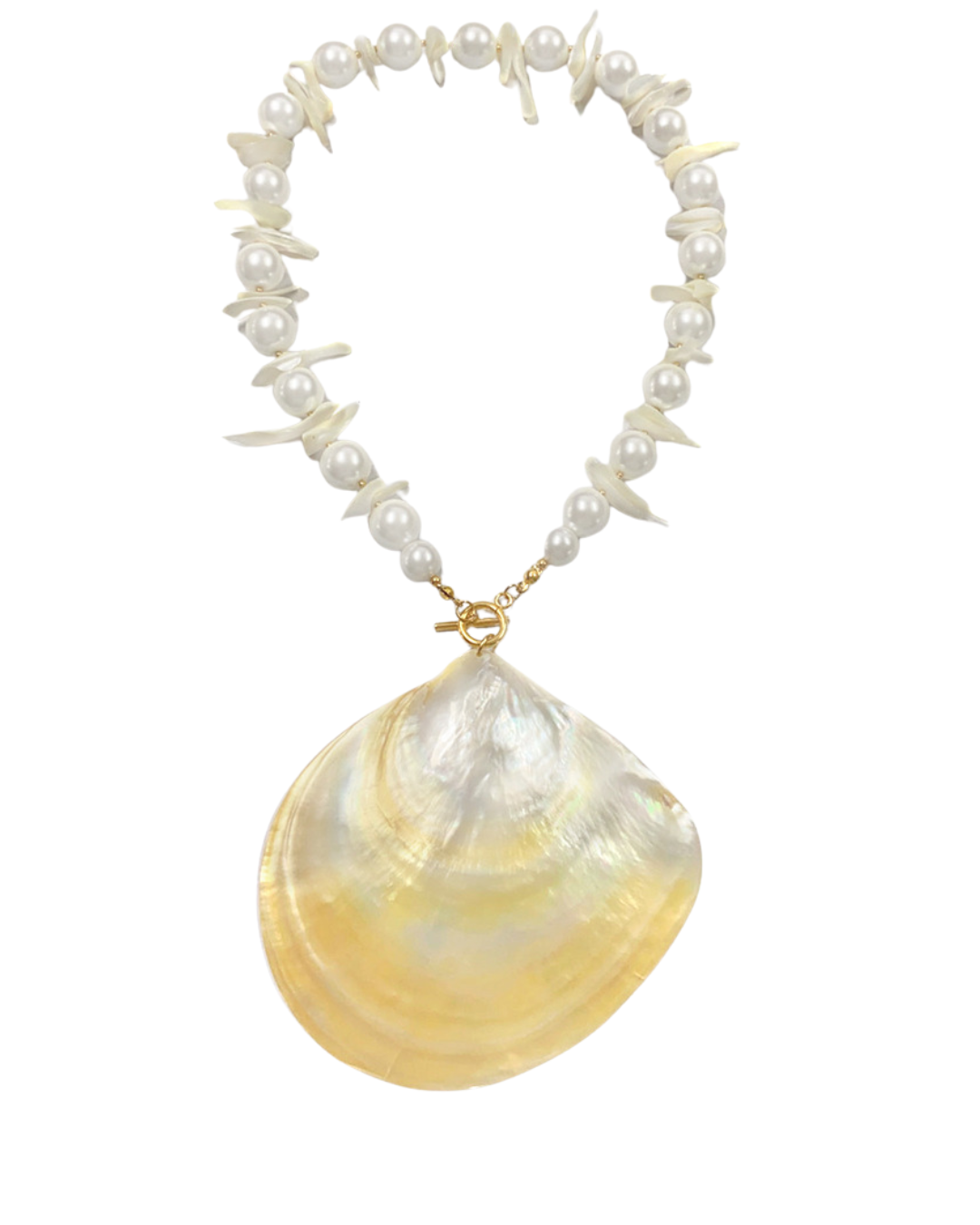 A shell and pearl necklace featuring a large iridescent yellow bivalve shell pendant, accented with white pearls and small shell pieces on a gold-tone chain, shown against a plain white background.