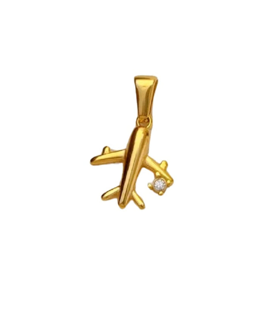 Gold airplane-shaped pendant on a white background